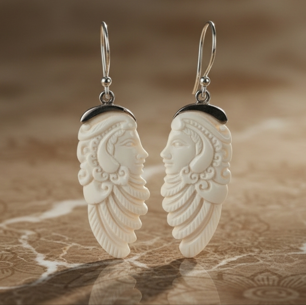 Carved Ox Bone Dangle Sterling Silver Earrings Bali Goddess Boho Artisan Made